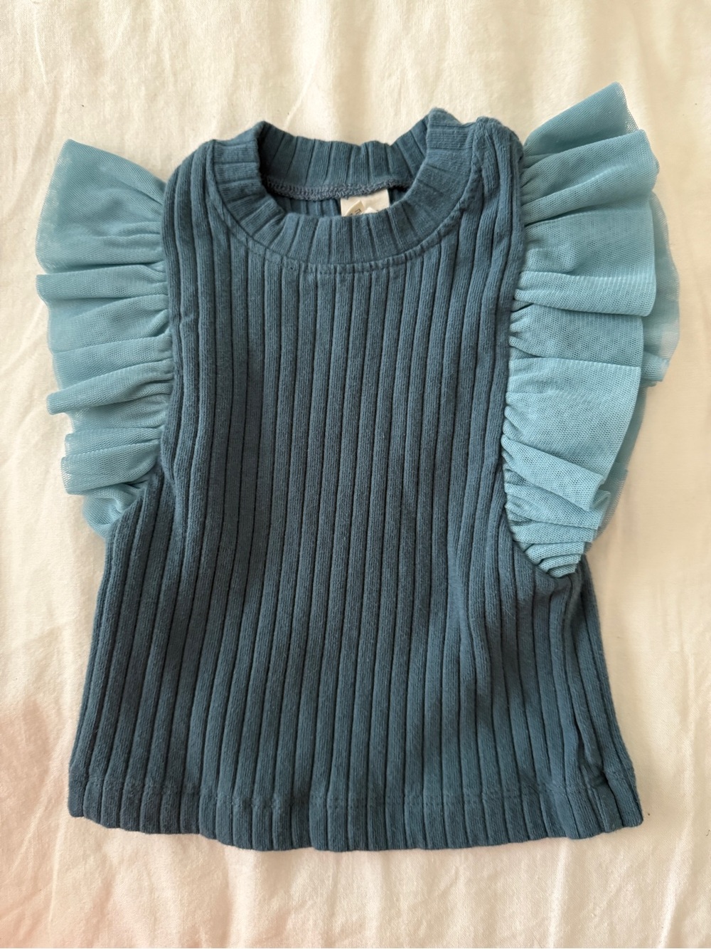 Kate Quinn Baby Girl Organic Cotton Blue Ruffled Sleeve Knit Top NWOT